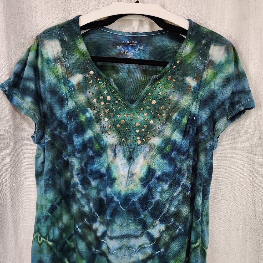 Women's Short Sleeve V-Neck Top | Teal, Blue-Green, Bluebird, Abyss Tie Dye | XL
